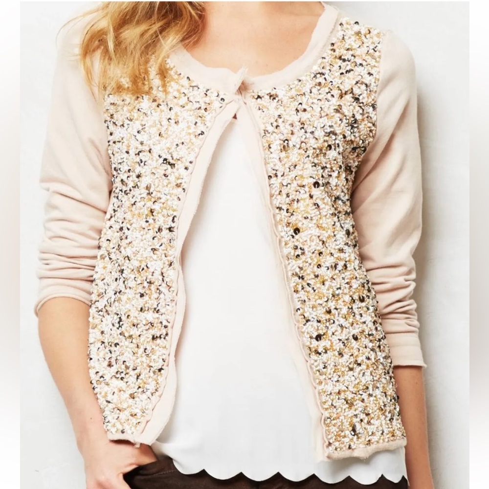 Anthropologie Small Postmark Beaded and Sequin Sweatshirt Paillette Cardigan